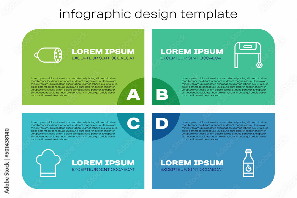 套餐厨师帽、萨拉米香肠、塔巴斯科酱和烧烤架。商业信息图模板。