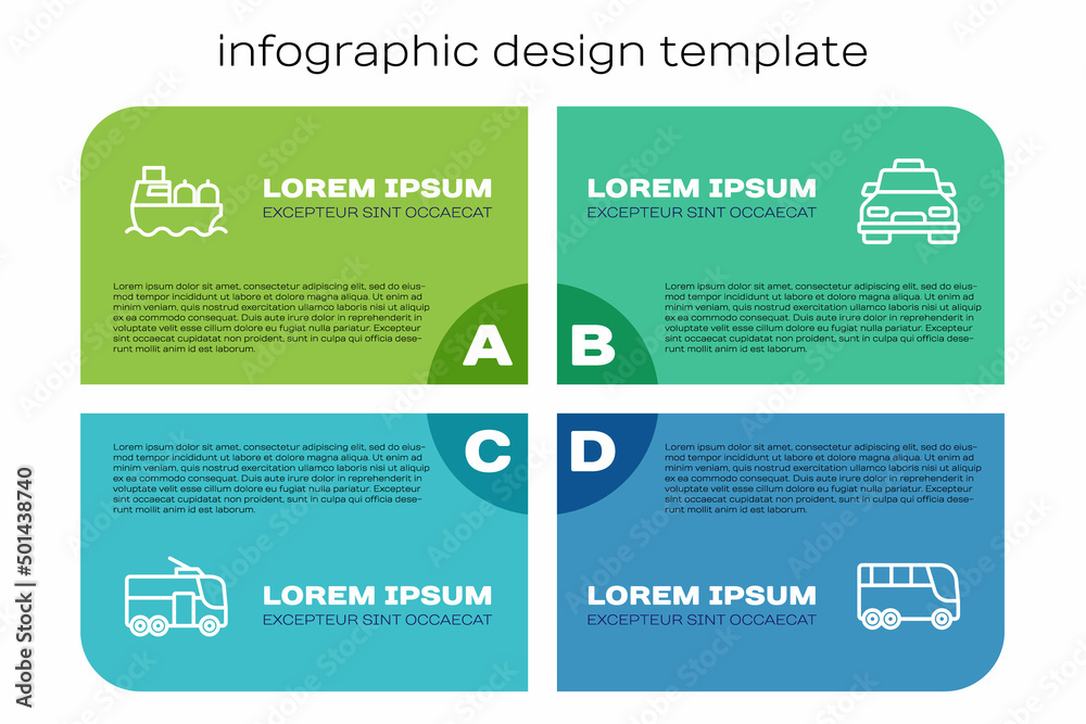 设置线路电车，油轮，公共汽车和出租车。商业信息图模板。矢量