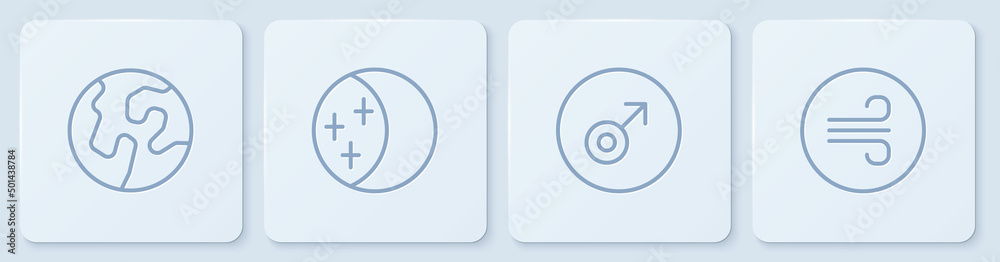 设定地球仪、火星符号、日蚀和大风天气。白色方形按钮。矢量