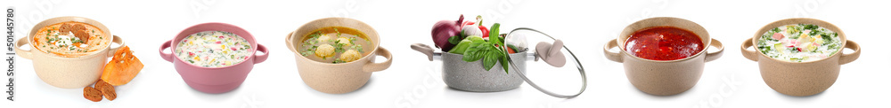 Set of soups in pots on white background