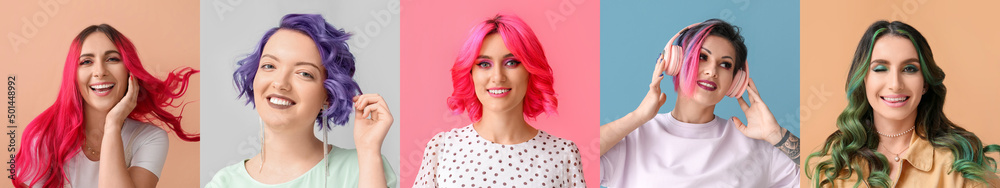 Set of beautiful women with unusual hair on colorful background