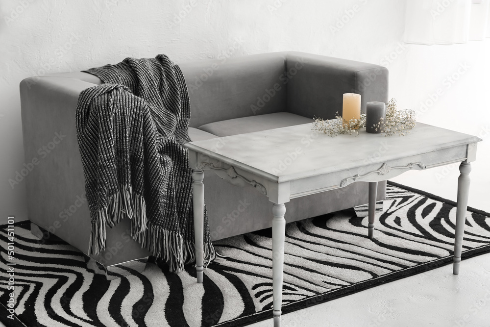 Interior of light living room with sofa, warm plaid and table