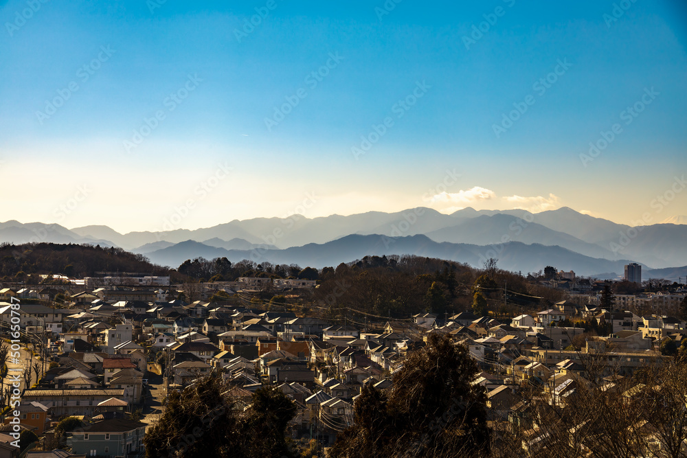 東京郊外から見る丹沢の山脈と住宅街