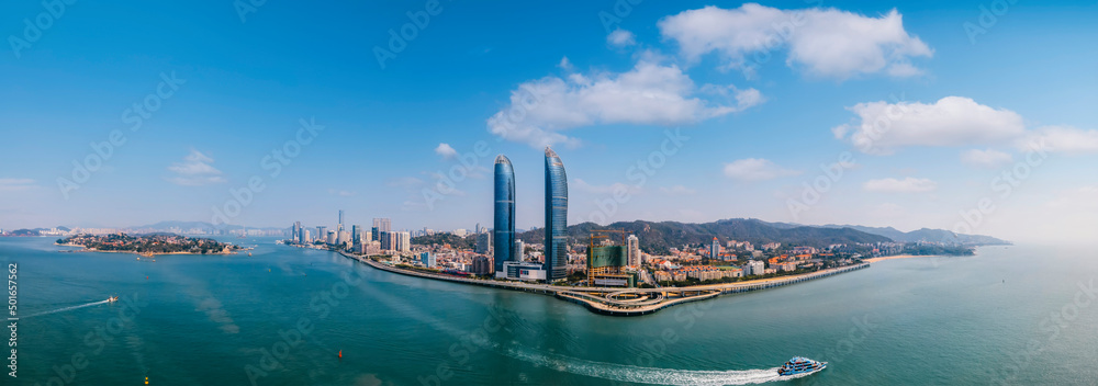 Aerial photography of the twin towers of the World Trade Center along the coastline of Xiamen