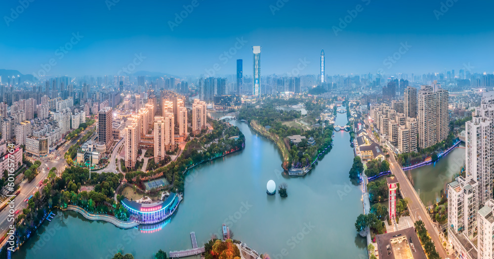 航拍温州城市建筑景观天际线夜景