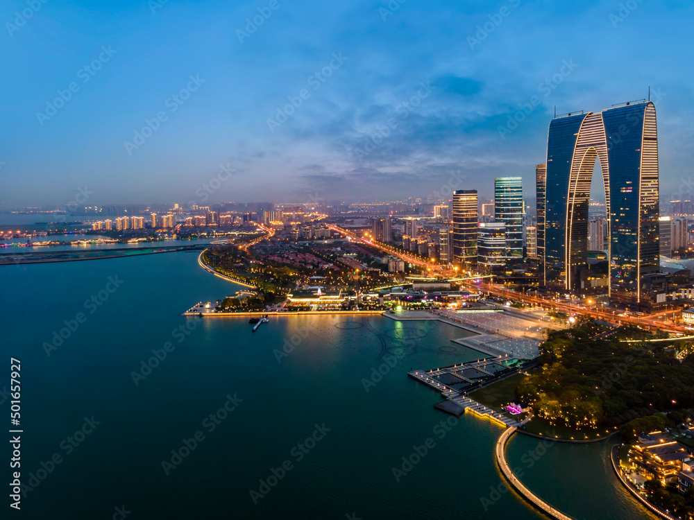 航拍苏州城市建筑景观天际线夜景