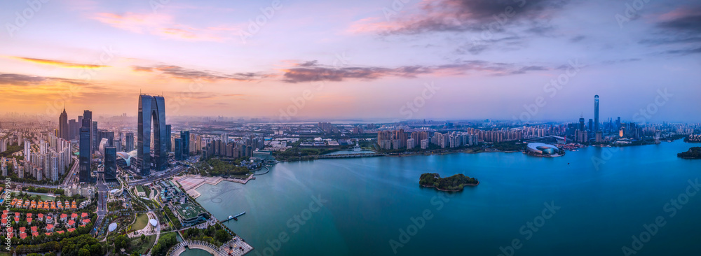 航拍苏州城市建筑景观天际线