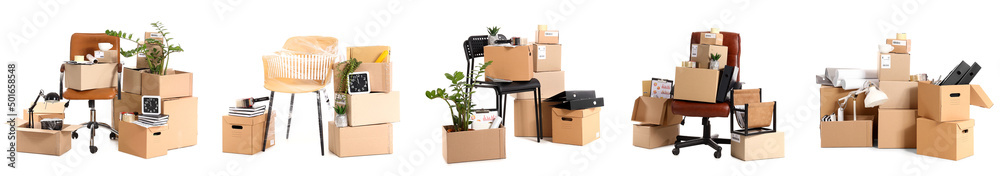 Cardboard boxes with office stuff and furniture on white background