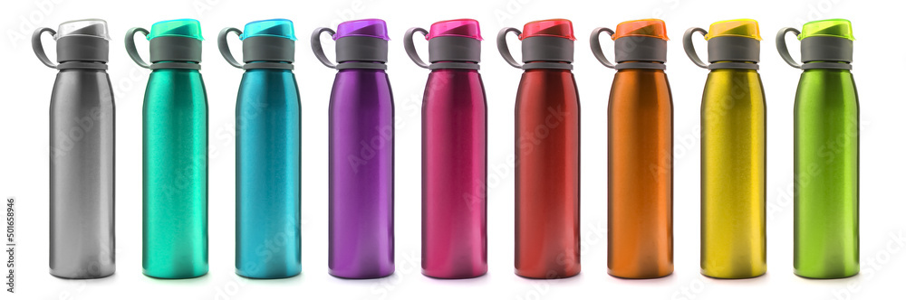 Set of colorful sports water bottles isolated on white