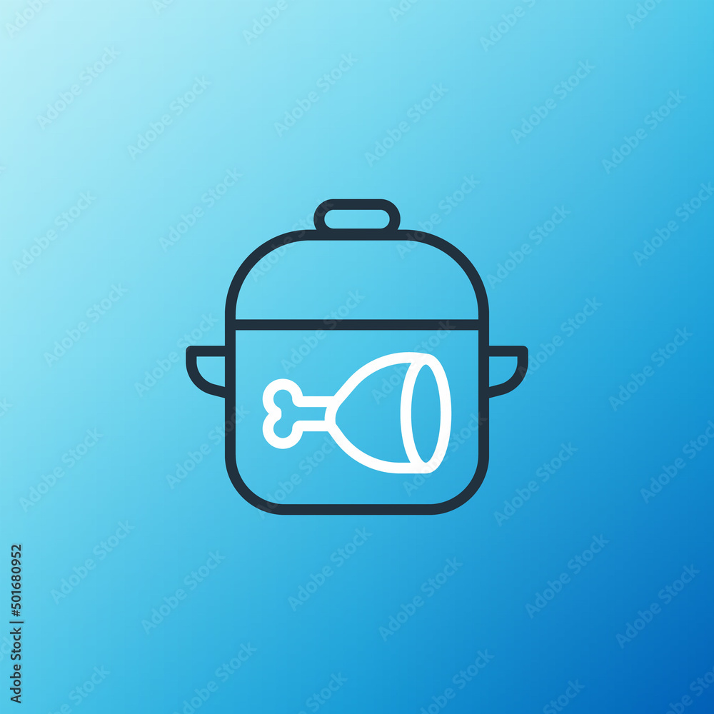 Line Cooking pot and chicken leg icon isolated on blue background. Chicken drumstick. Colorful outli