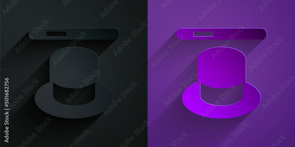 Paper cut Magic hat and wand icon isolated on black on purple background. Magic trick. Mystery enter