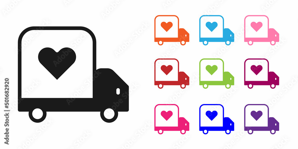 Black Delivery truck with heart icon isolated on white background. Love delivery truck. Love truck v