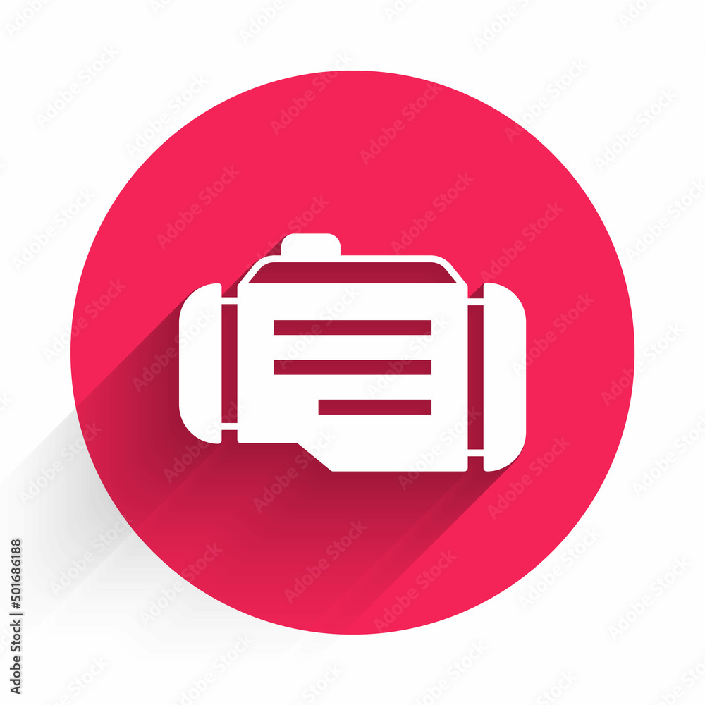 White Check engine icon isolated with long shadow background. Red circle button. Vector