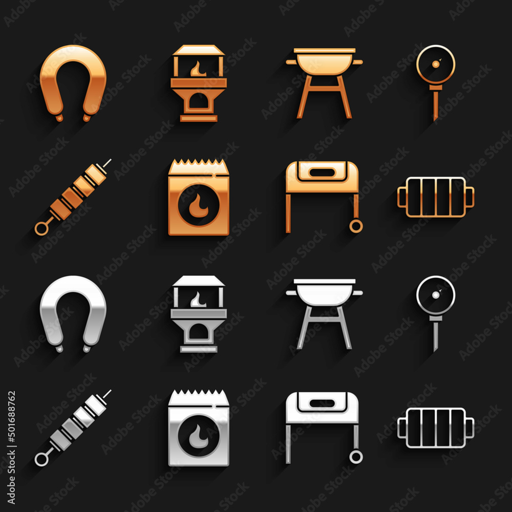 Set Barbecue coal bag, Kitchen thermometer, grill, Grilled shish kebab, Sausage and Brick stove icon