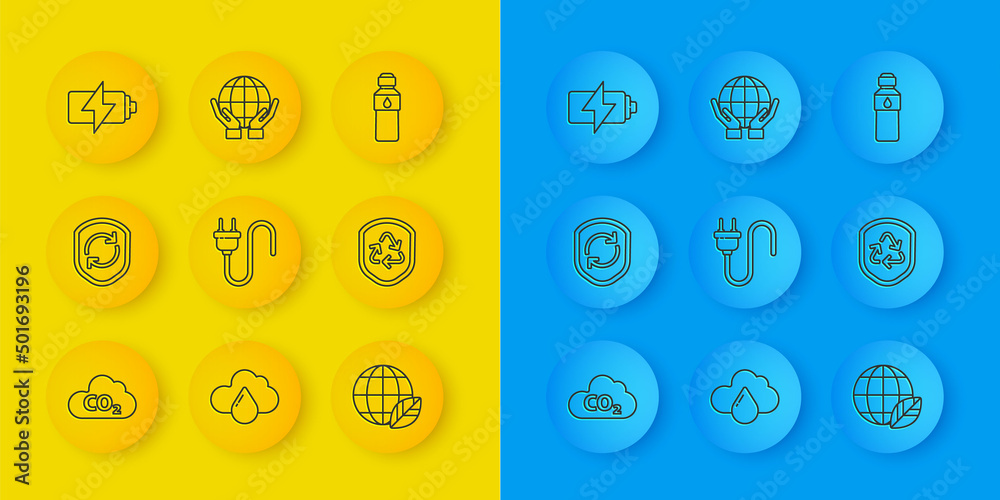 Set line CO2 emissions in cloud, Recycle symbol inside shield, Electric plug, Earth globe and leaf, 