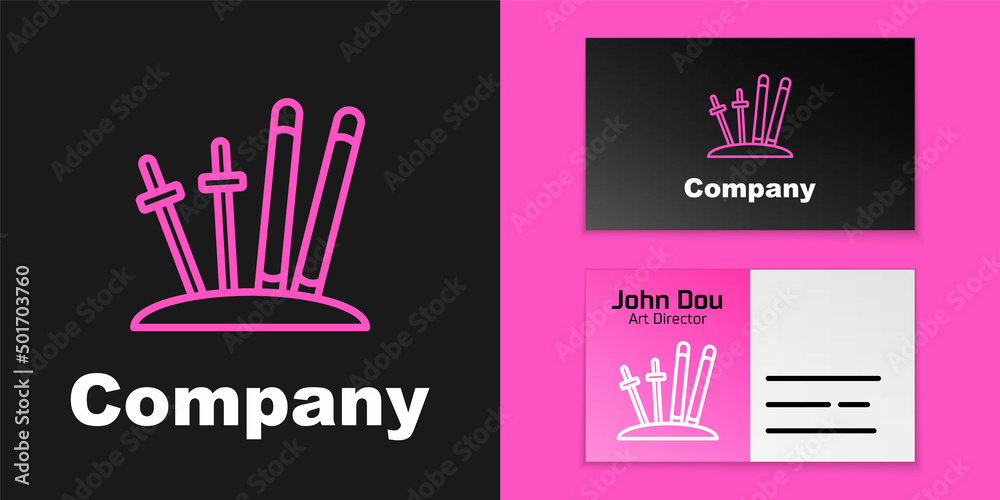 Pink line Ski and sticks icon isolated on black background. Extreme sport. Skiing equipment. Winter 