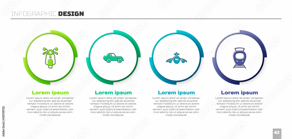 设置滑板车、汽车、飞机、有轨电车和铁路。商业信息图模板。矢量