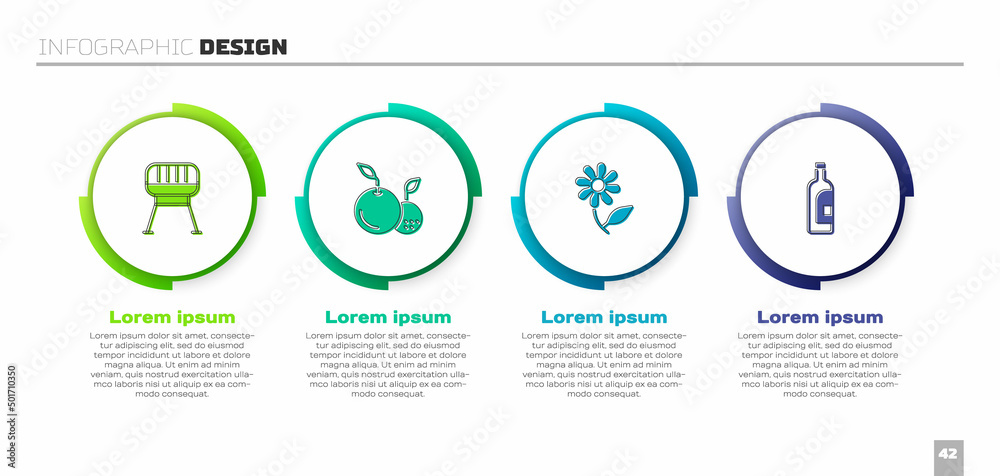 设置烧烤架、水果、鲜花和葡萄酒瓶。商业信息图模板。矢量