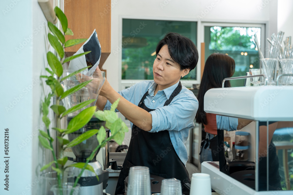 咖啡店老板站在咖啡店的酒吧里，咖啡店老板，当地小企业或