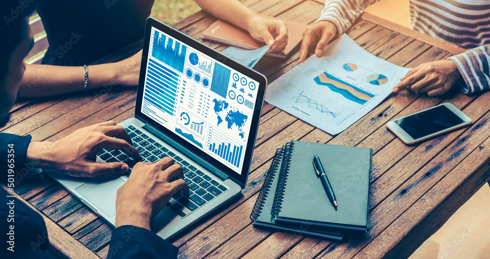 Business data dashboard analysis by ingenious computer software . Investment application display bus