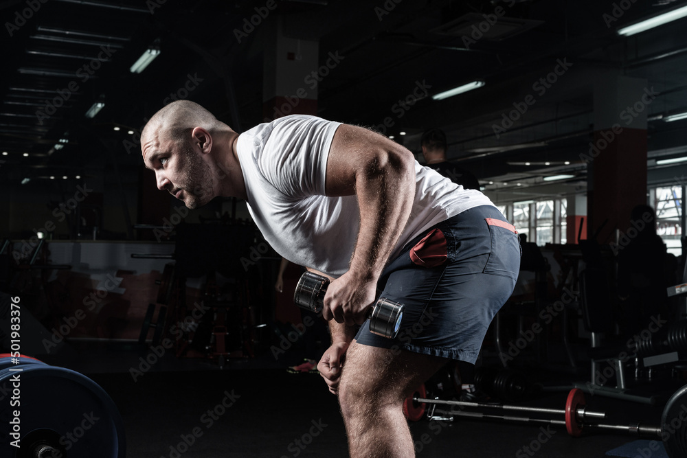 Male bodybuilder engaged with dumbbells in the gym