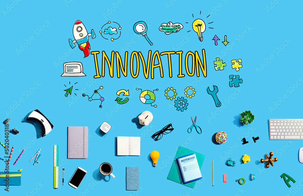 Innovation theme with collection of electronic gadgets and office supplies