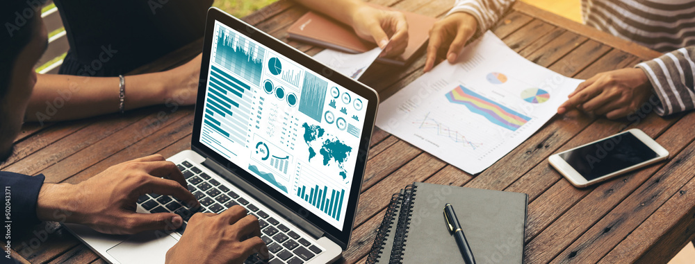 Business data dashboard analysis by ingenious computer software . Investment application display bus