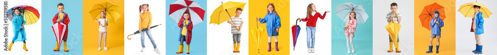 Set of many cute children with umbrellas on colorful background