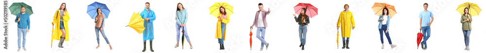 Set of many people with umbrellas isolated on white