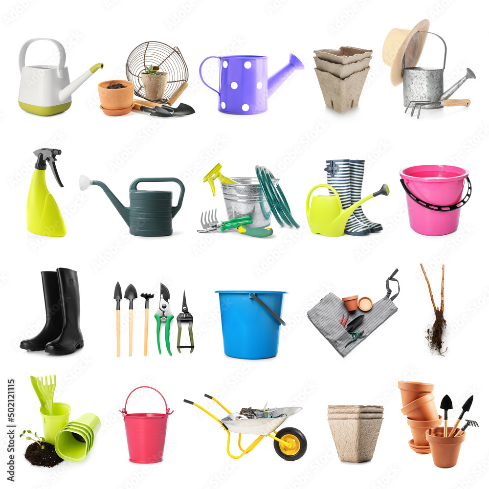 Set of many gardening tools isolated on white