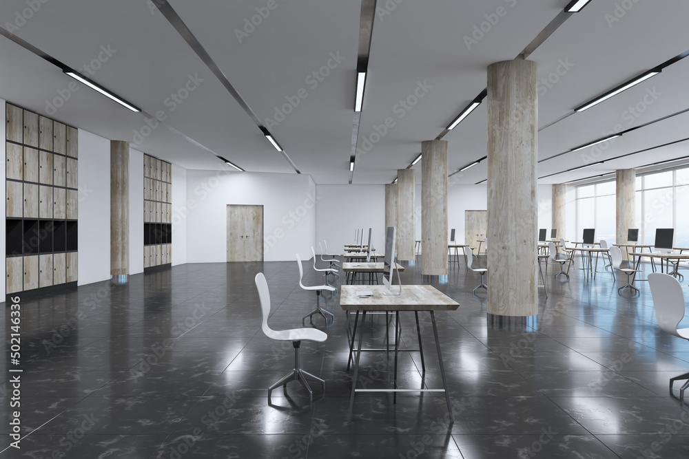 Simple bright spacious coworking office interior with panoramic city view and reflections. 3D Render