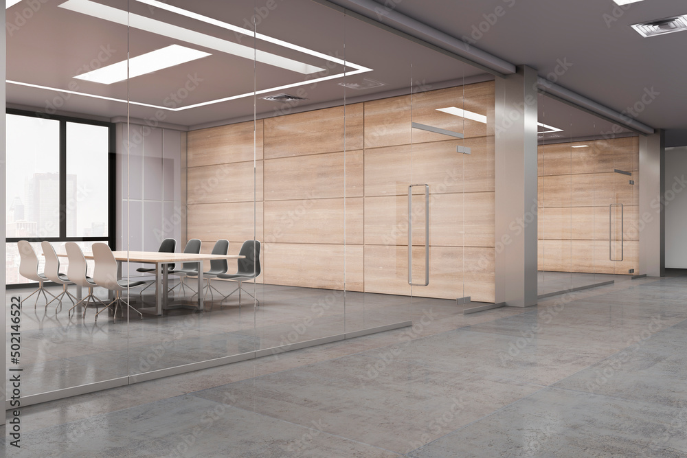 Clean glass partition meeting room interior with furniture and equipment. 3D Rendering.