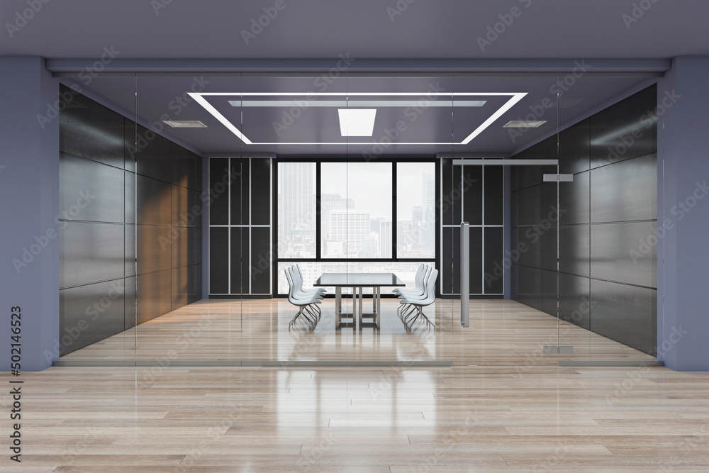 Clean glass partition meeting room interior with wooden flooring, furniture and equipment. 3D Render