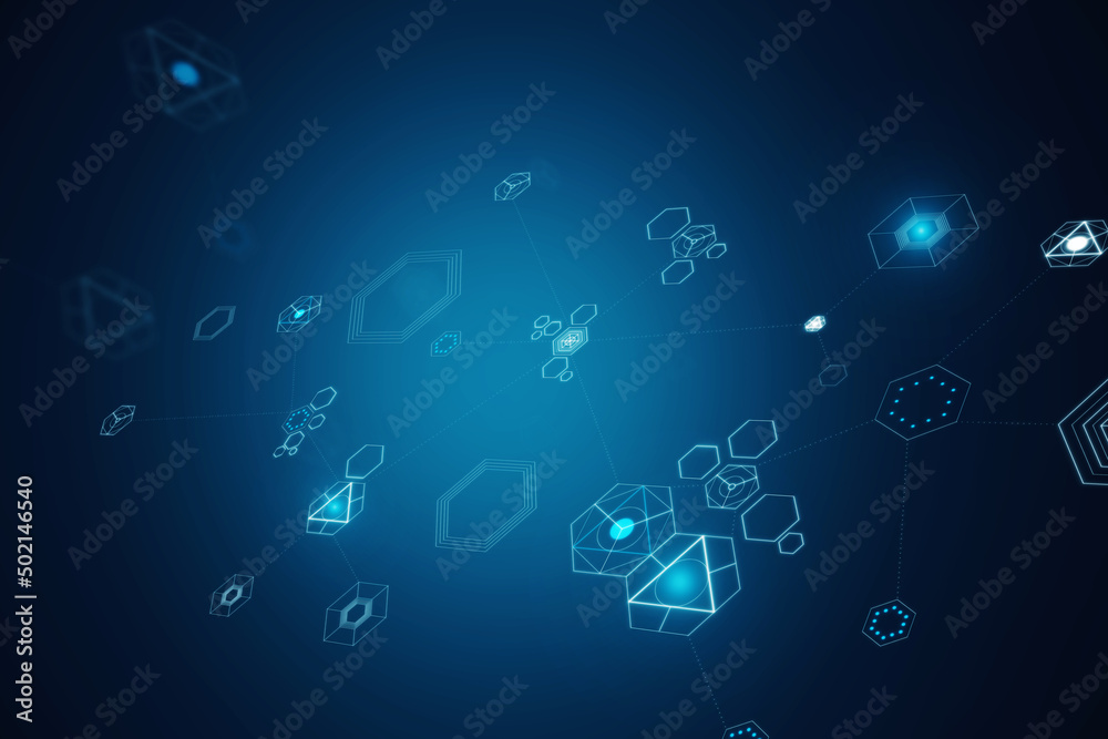 Abstract dark digital backdrop with icons. Landing page concept. 3D Rendering.