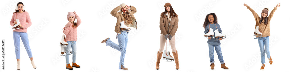 Set of happy young women and little girls with ice skates isolated on white