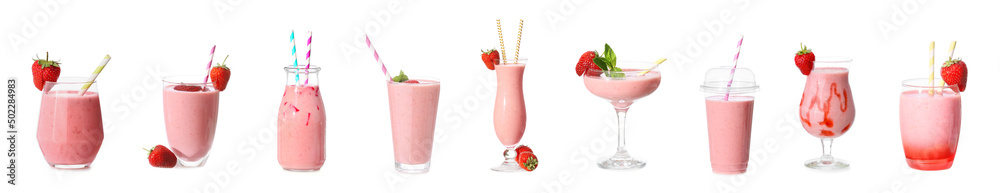 Set of tasty strawberry cocktails on white background