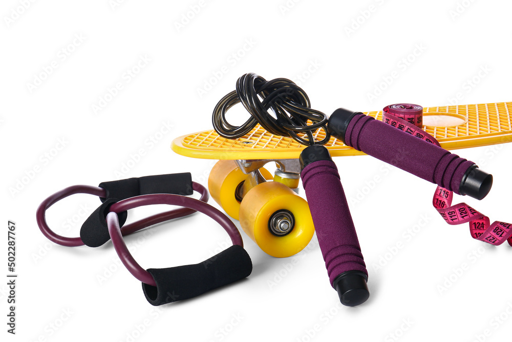 Stylish sport equipment on white background