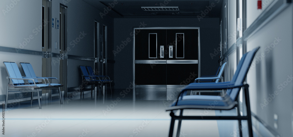 Long dark hospital corridor with rooms and seats 3D rendering. Empty accident and emergency interior