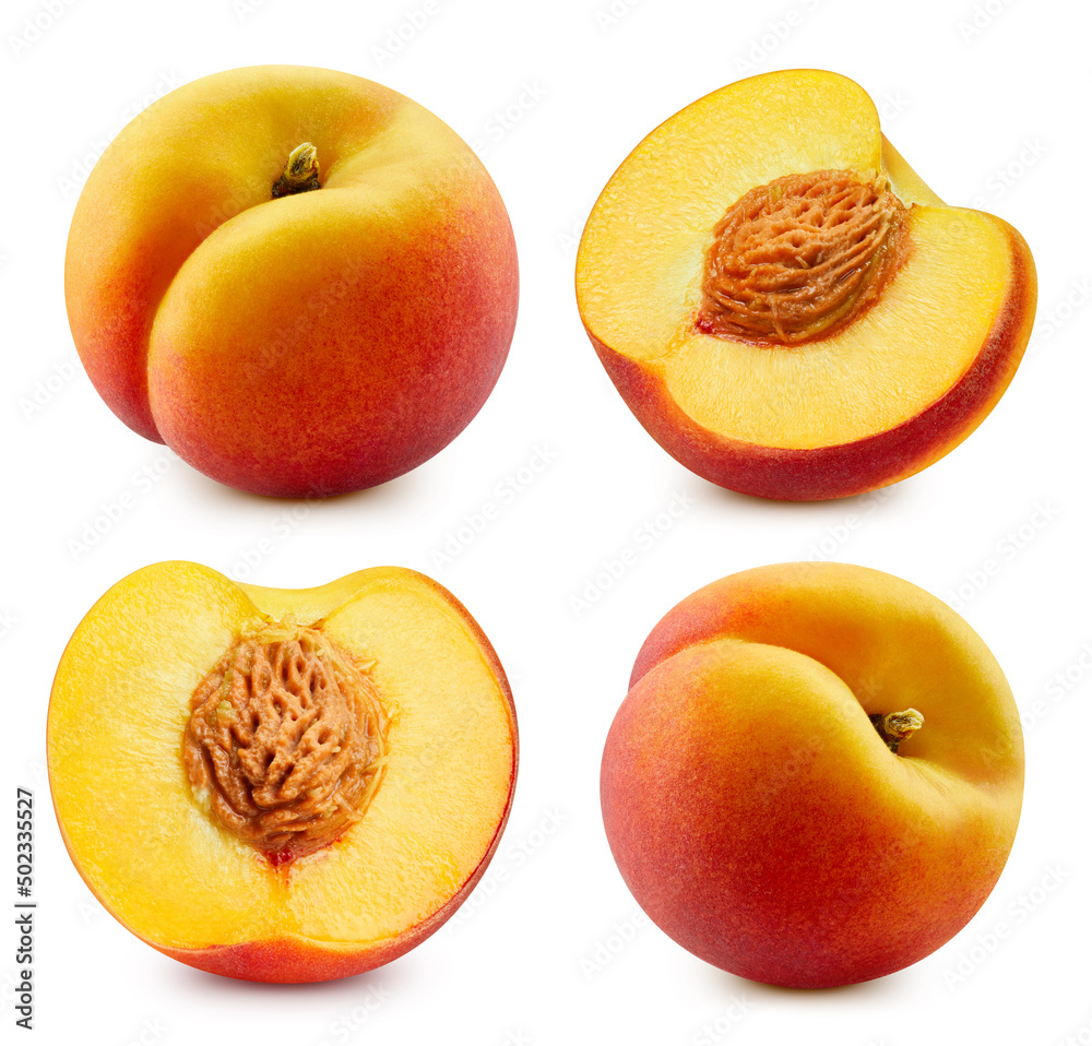 Peach half collection. Fresh organic peach isolated on white background. Peach set macro. With clipp