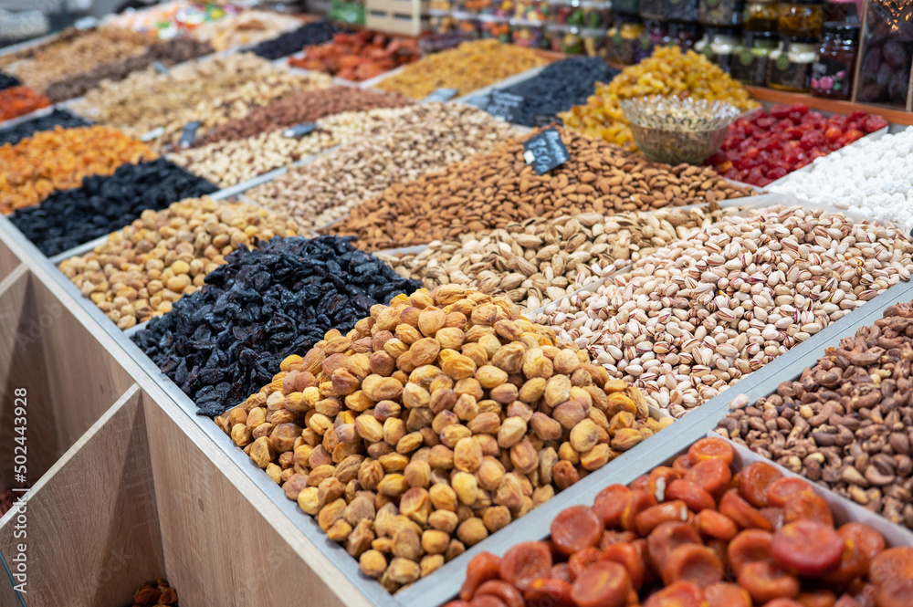 Dried fruits and nuts on local food market