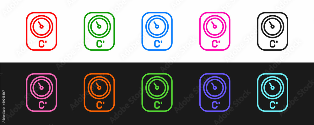 设置线桑拿温度计图标，隔离在黑白背景上。桑拿和浴室设备。Ve