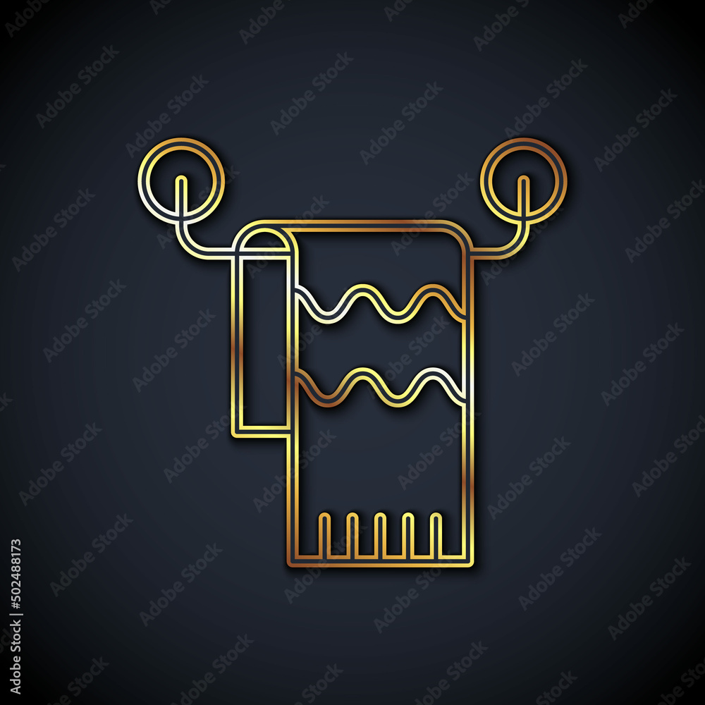挂在衣架上的金线毛巾图标在黑色背景上隔离。浴室毛巾图标。矢量
