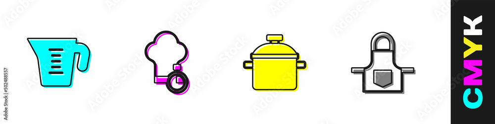 设置量杯、厨师帽、烹饪锅和厨房围裙图标。矢量