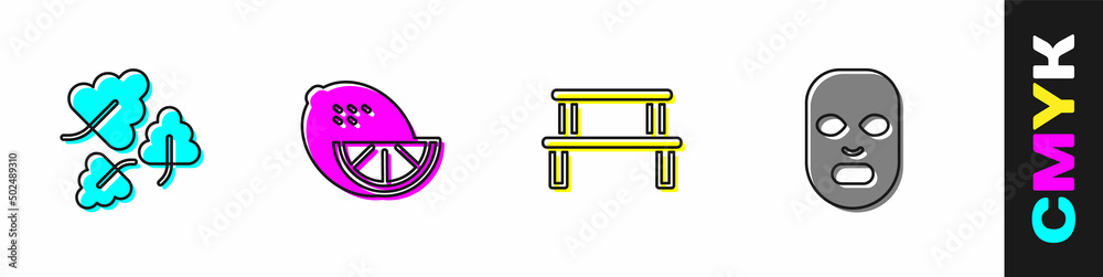 Set Oak leaf, Lemon, Sauna wood bench and Facial cosmetic mask icon. Vector