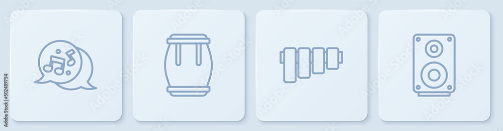 设置线条音乐音符、音调、长笛、鼓和立体声扬声器。白色方形按钮。矢量