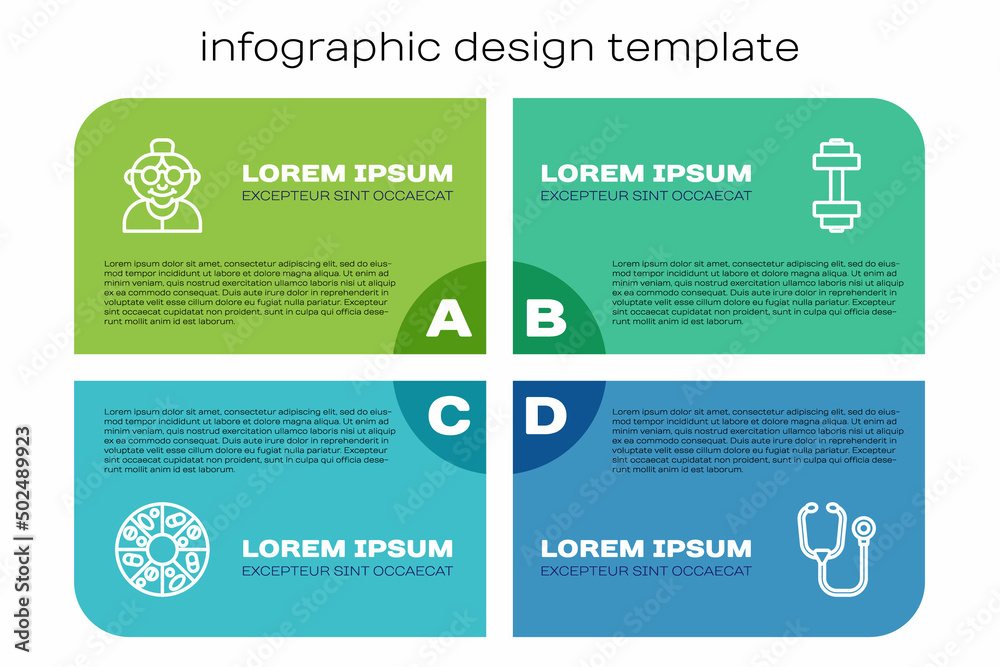 维生素片、祖母、听诊器和哑铃。商业信息图模板。矢量
