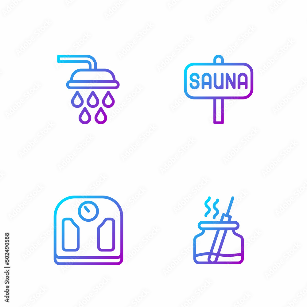 Set line Aroma diffuser, Bathroom scales, Shower and Sauna. Gradient color icons. Vector