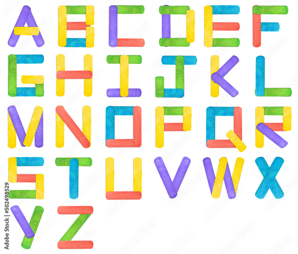 English alphabet made of colorful wooden ice cream sticks on white background