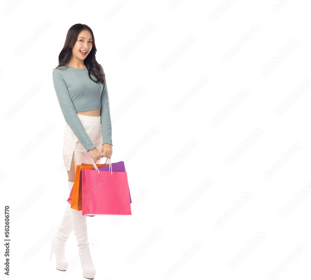 Shopping girl get happy holding shopping bags stand over isolated on white background Copy space Bea