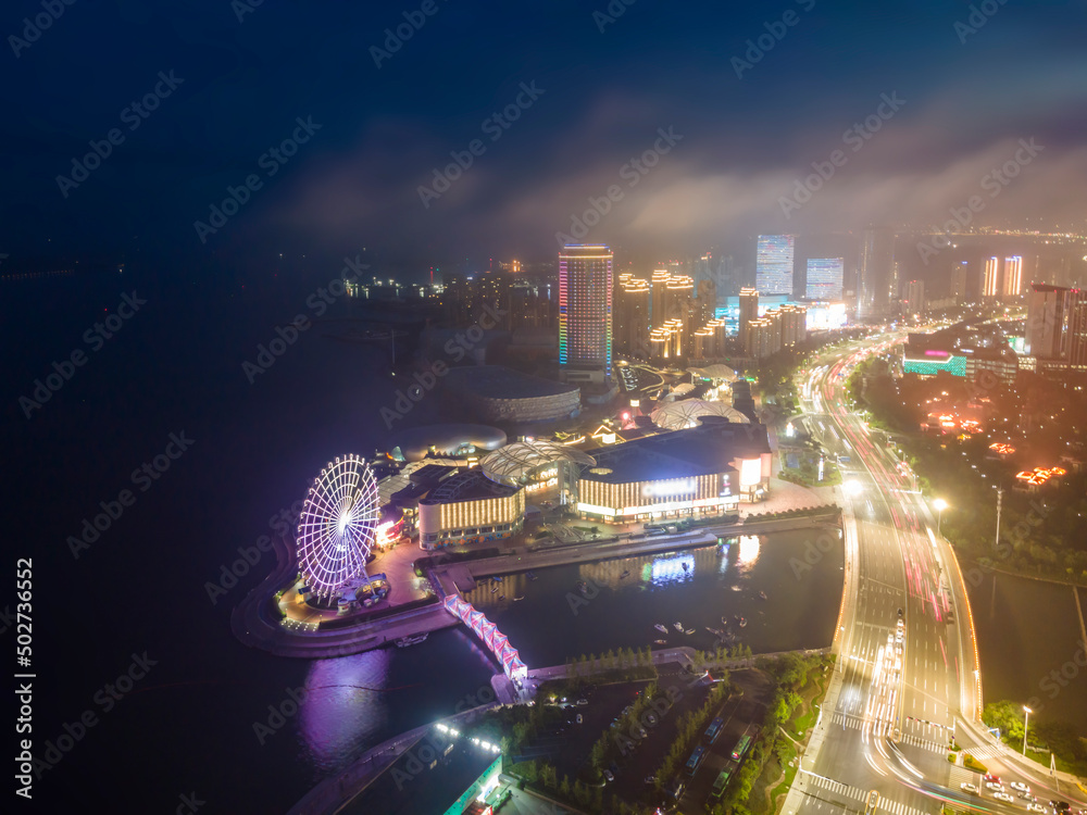 航拍青岛西海岸城市夜景